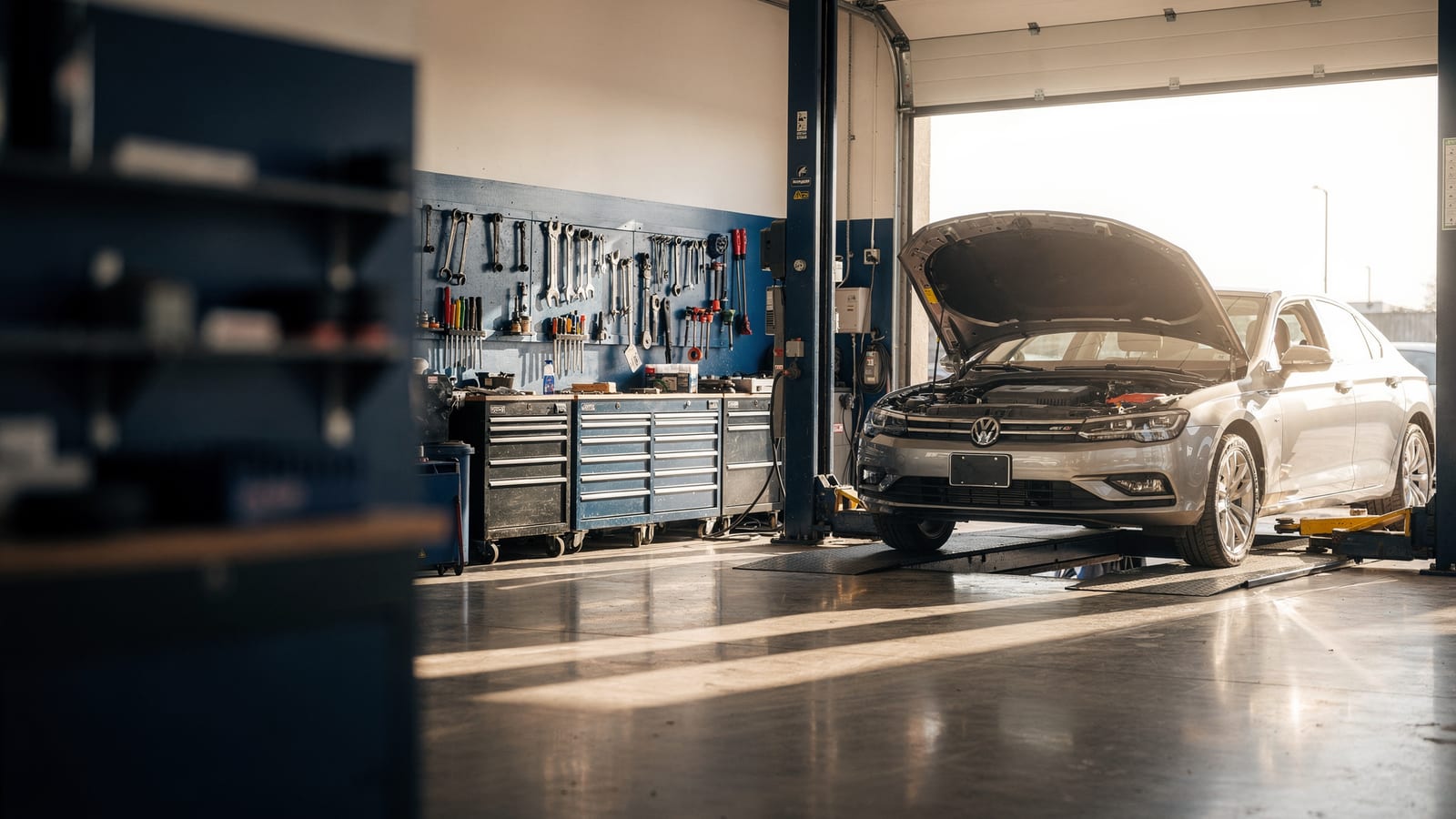 Inside the Complete Auto Service shop bay — a car on the lift with the hood up in warm daylight